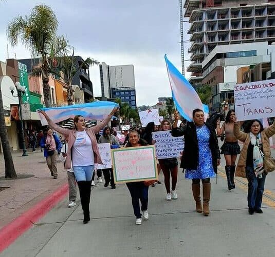 People marching down a city street holding trans pride flags and signs.