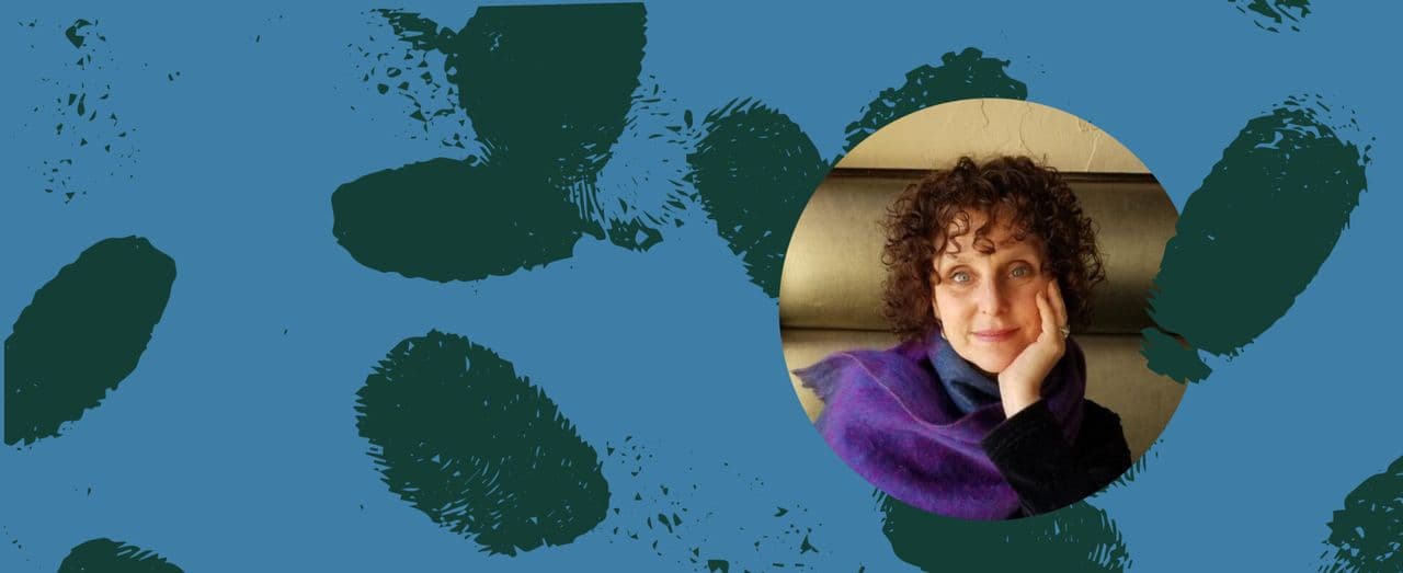 Person with curly hair in purple clothing against a blue and green graphic background.