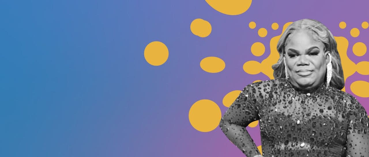 Person smiling in a sparkly dress against a blue-purple background with yellow circles.