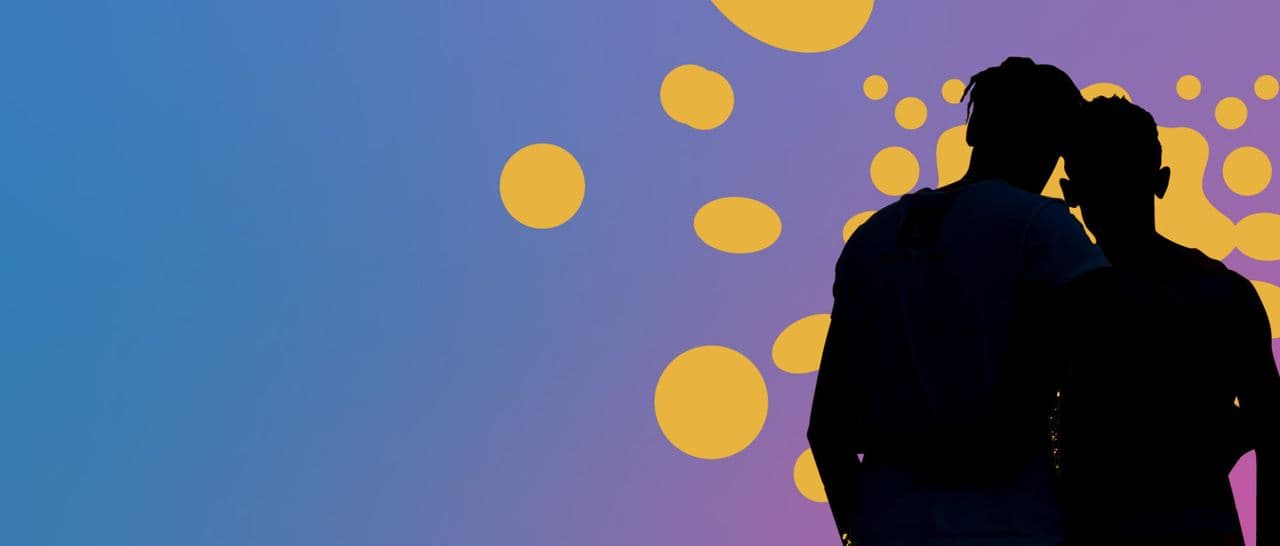 Silhouetted couple against a blue-purple background with yellow circles.