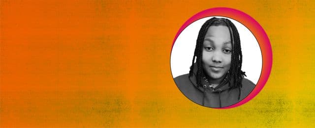 Black-and-white portrait of a person in a hoodie on an orange background.