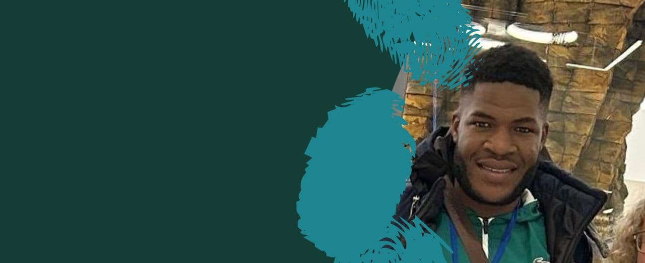 A person smiling outdoors, shown in a stylized graphic layout with teal brush shapes.