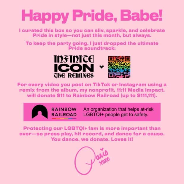 Pink graphic with “Happy Pride, Babe!” text and Rainbow Railroad partnership details.