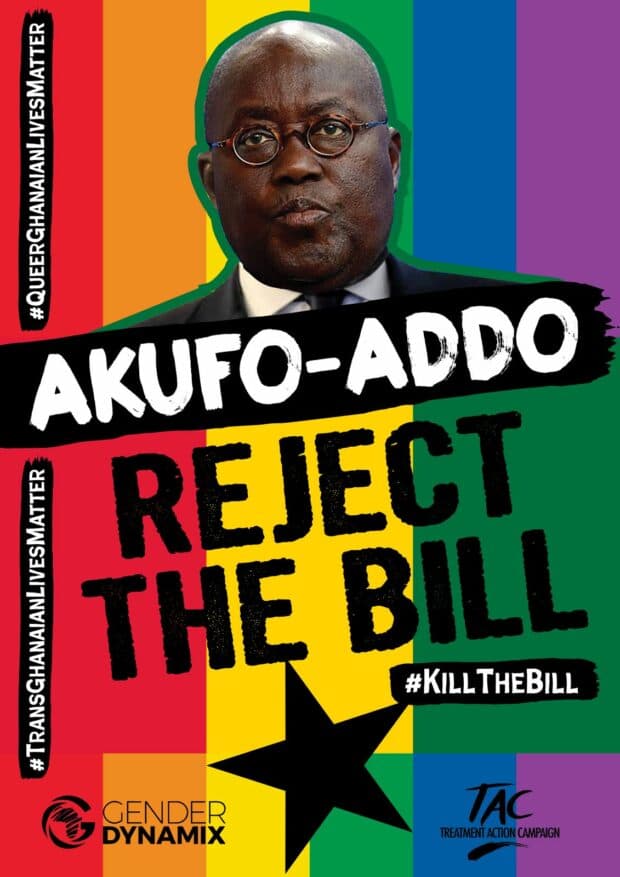 Poster with Akufo-Addo’s portrait on rainbow stripes reading “REJECT THE BILL”.