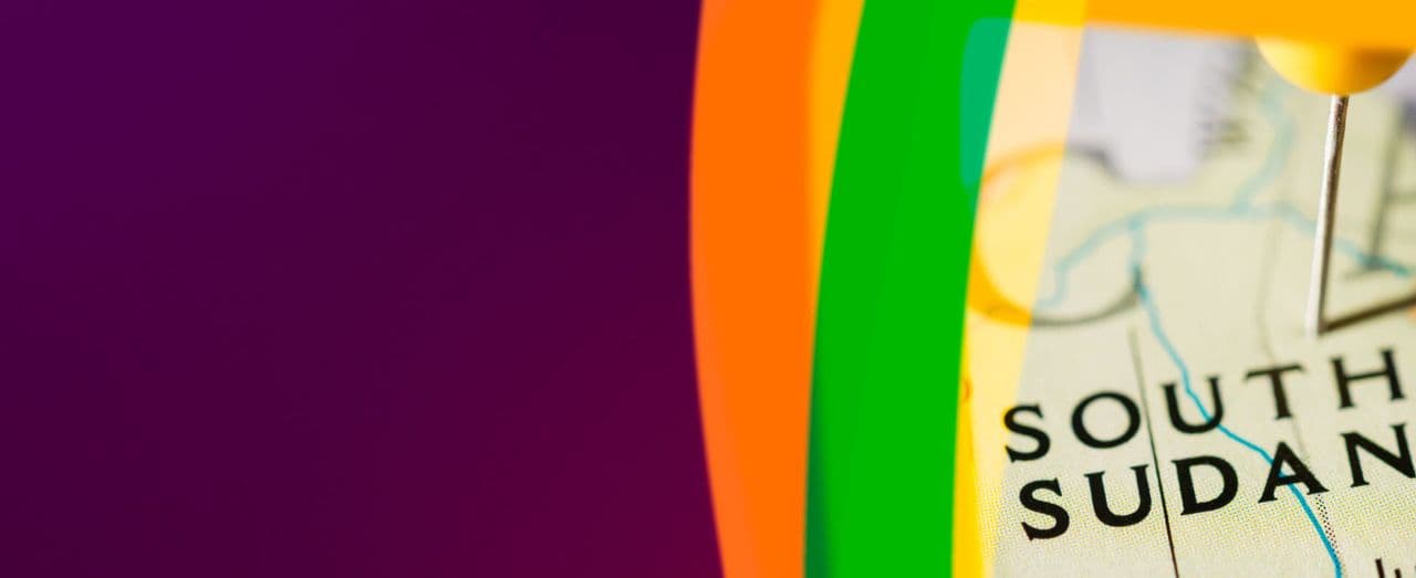 Map showing South Sudan with purple, orange, and green overlay.