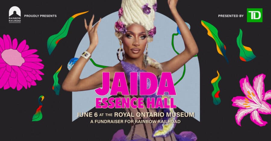 Promotional poster featuring Jaida Essence Hall with colorful floral graphics for Rainbow Railroad's Freedom Party.