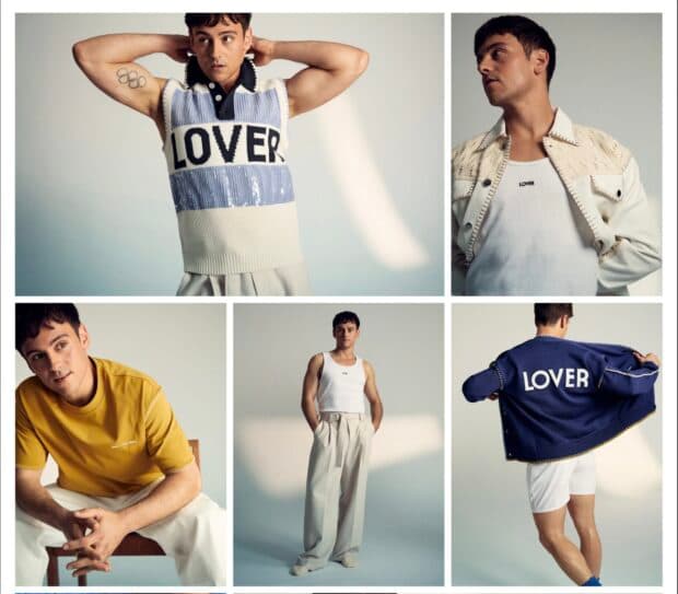 Collage of a person modeling various outfits, including pieces featuring the word “LOVER.”
