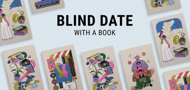 Assorted illustrated book covers under the text “Blind Date With a Book.”