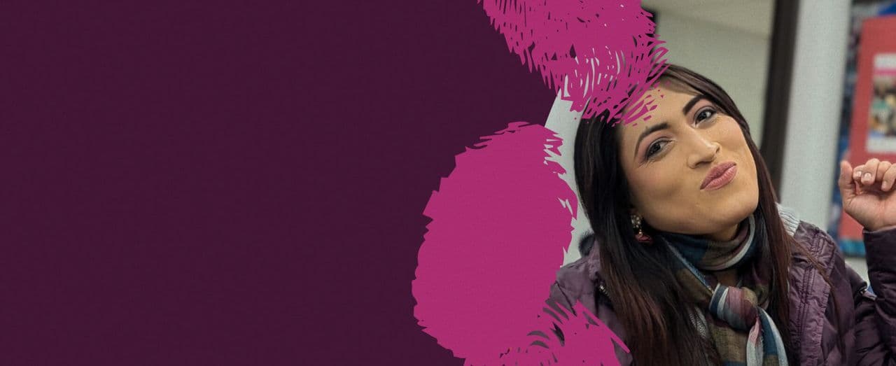 Stylized banner showing person against a purple background.