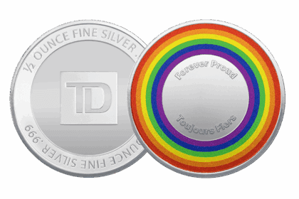 Silver coin with a rainbow ring reading “Forever Proud / Toujours Fier.”