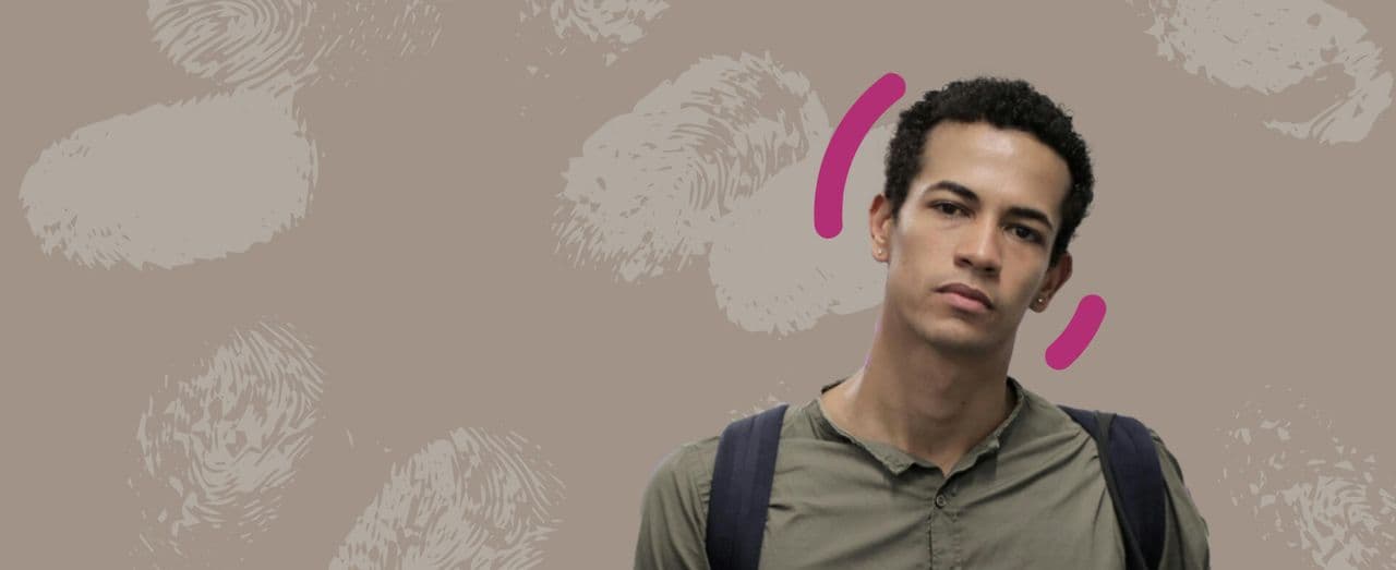 Person with short curly hair and backpack against beige background with fingerprint and pink accents.