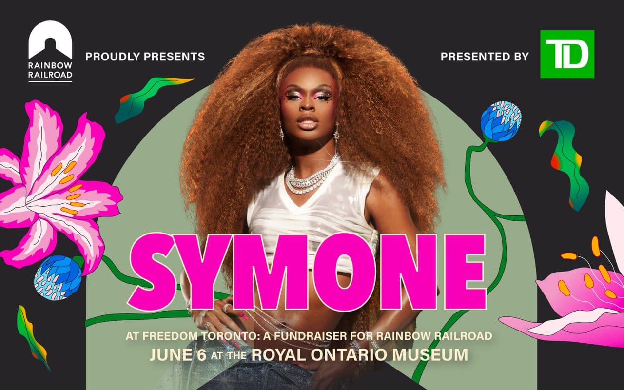 Promotional poster featuring Symone with bold colors and floral accents for Rainbow Railroad's Freedom Party.