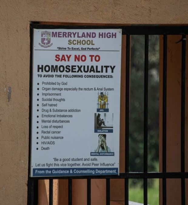 Sign reading ‘Say No to Homosexuality’.